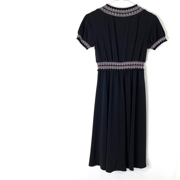 Talbots Black V-Neck White Embroidered Short Sleeve Midi Dress - Picture 6 of 8